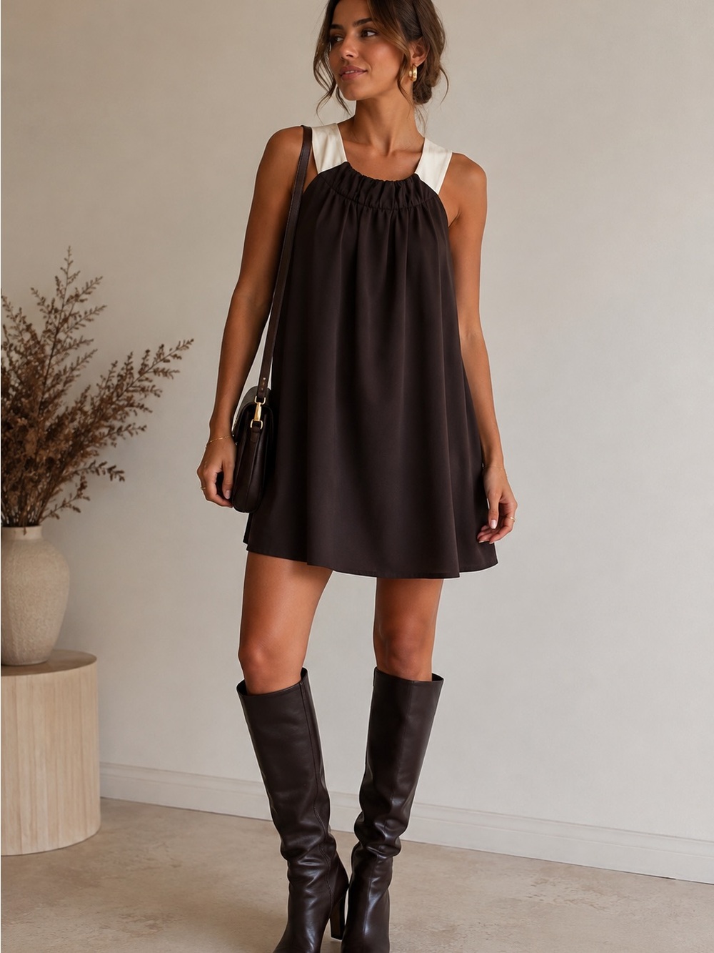 Sleeveless Mini Dress with Cream Halter Straps - Black